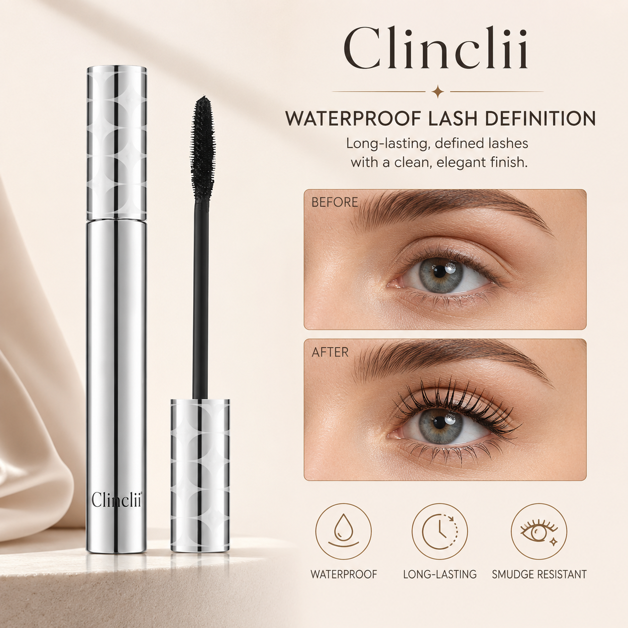 Clinclii Waterproof Mascara for 24-Hour Volume, Lift & Definition – Long-Lasting Thick, Defined Lashes