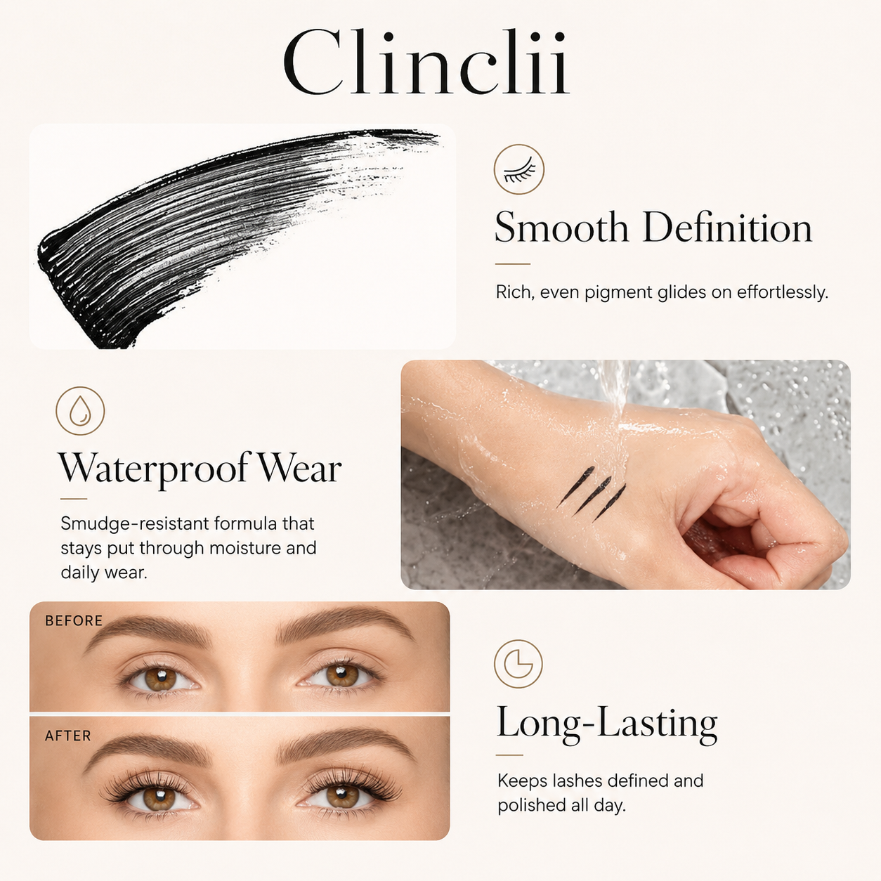 Clinclii Waterproof Mascara for 24-Hour Volume, Lift & Definition – Long-Lasting Thick, Defined Lashes