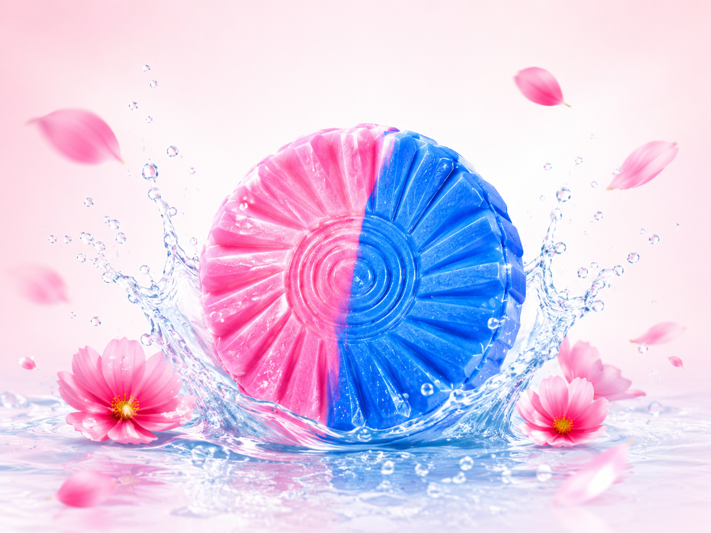Pink and blue toilet cleaning tablet in water