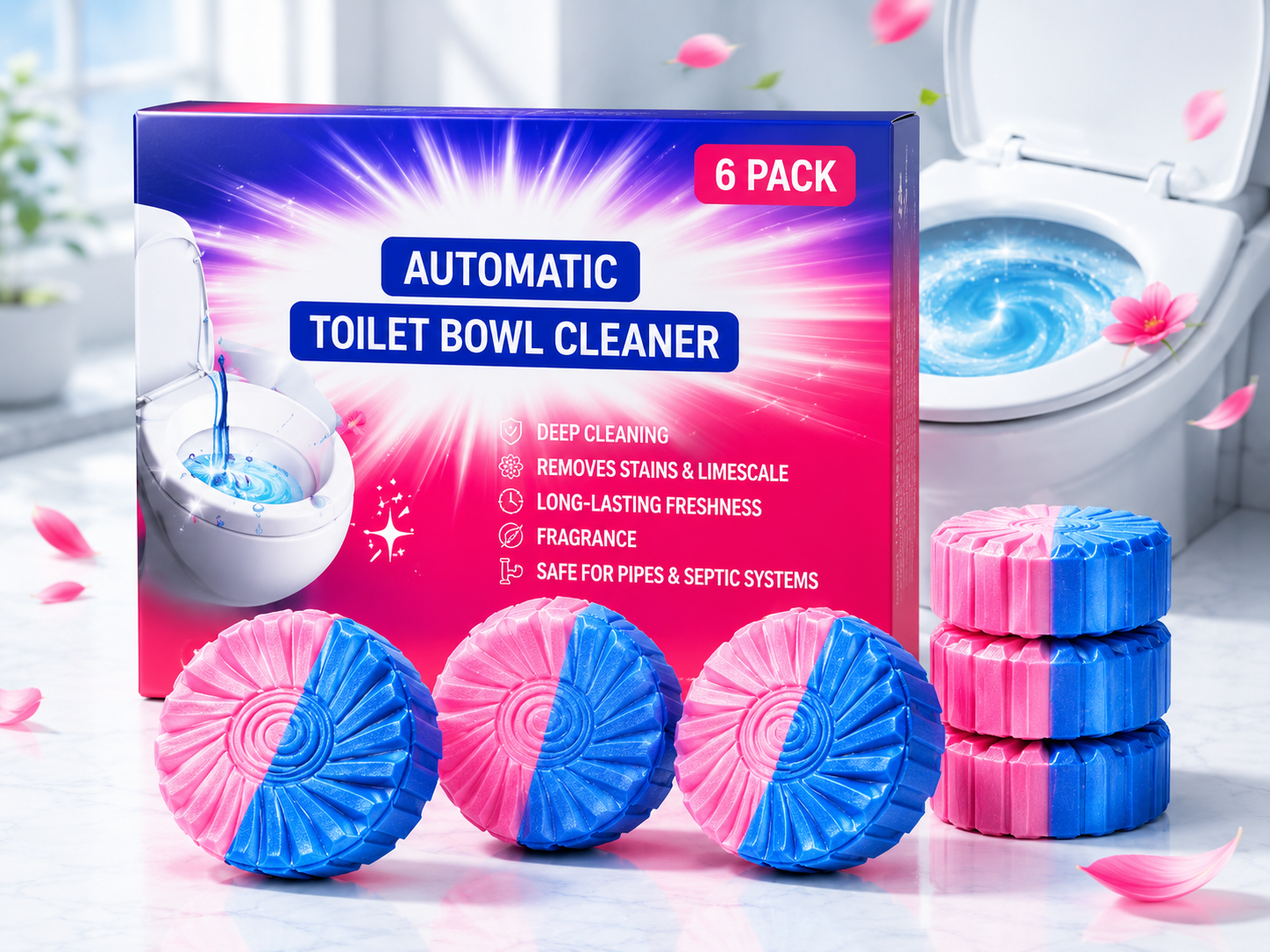 Dual-action toilet bowl cleaner tablets and box