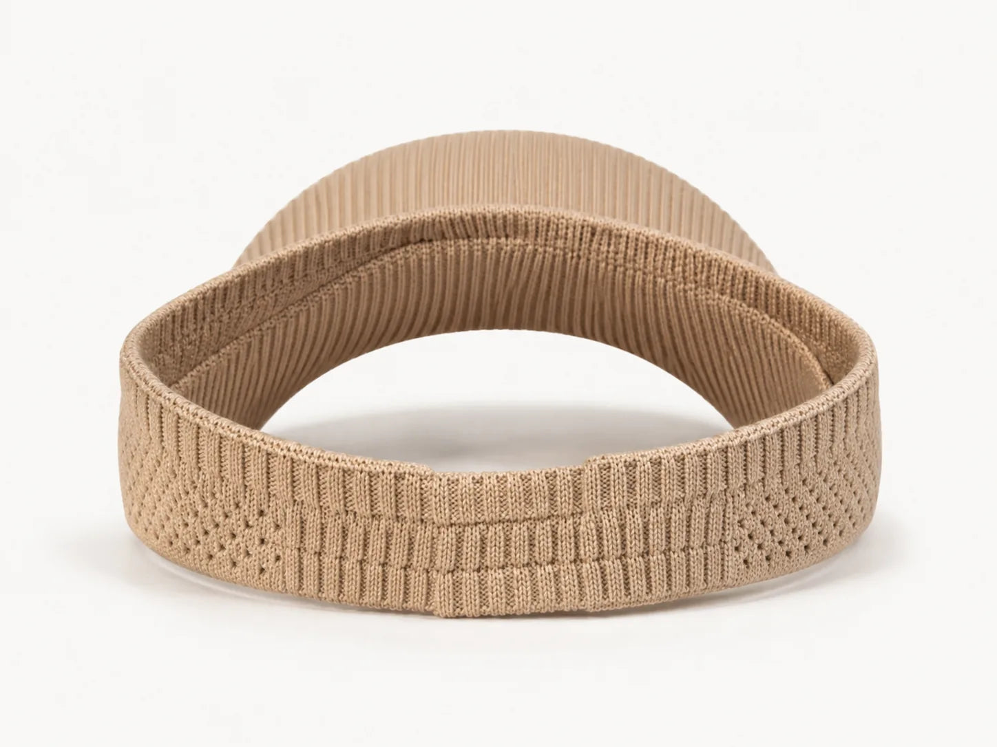 Beige knitted sun visor back view with elastic band