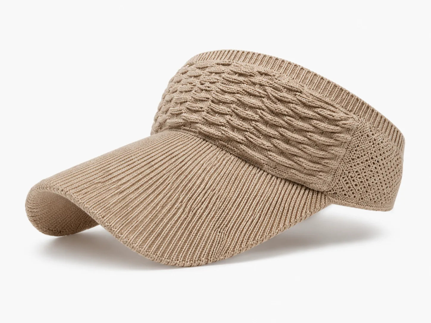 Beige knitted sun visor front view